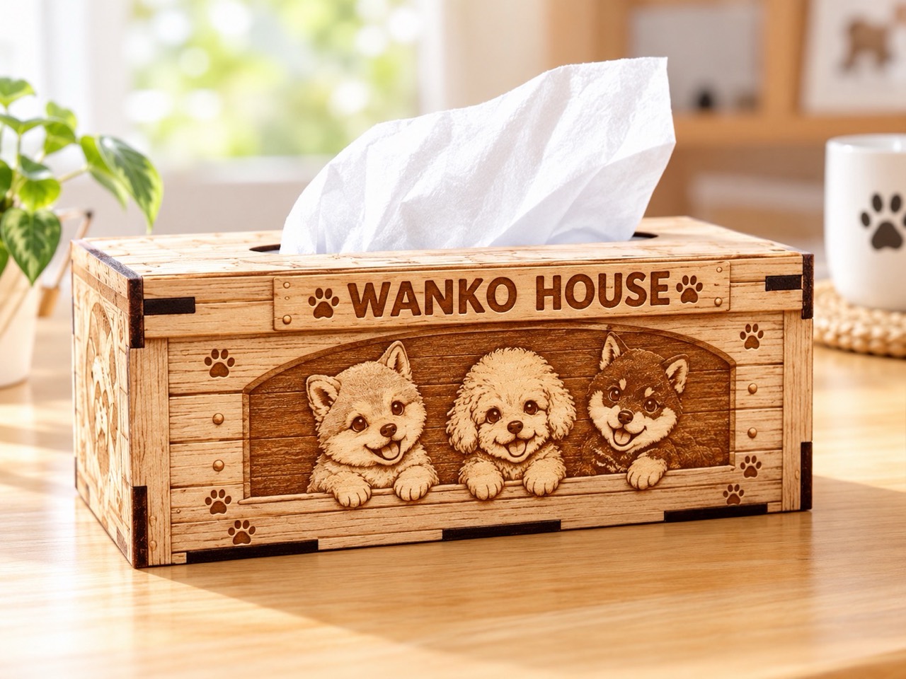 WANKO HOUSE 木製ティッシュボックスの全体。木のテーブルに置いた様子